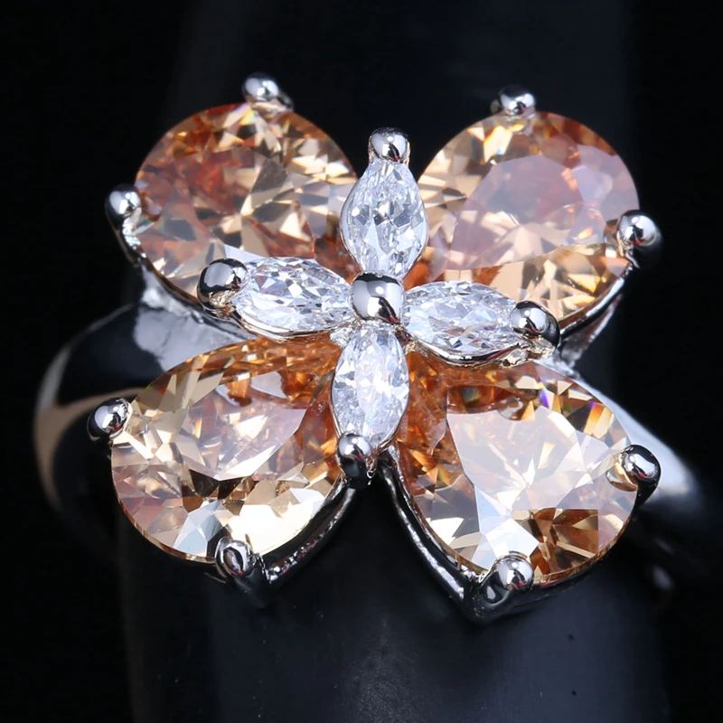 Чудесные 4 лепестка цветка сливы Шампанское Morganite кубического циркония камни 925