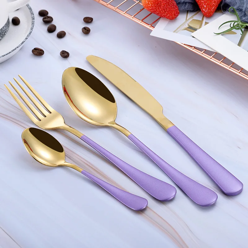 purple gold Розовое золото вилки ложки ножи набор столовых приборов 24 шт. набор столовых приборов наборы ножей свадебные столовые приборы из нержавеющей стали столовые приборы золото - Цвет: purple gold