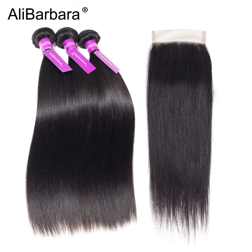 

AliBarbara Hair 4pc lot Malaysian Straight Hair Weave Human Hair Bundles With Lace Closure 4x4 100% Remy Hair Weaves Extension
