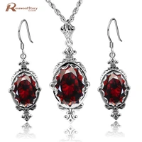 sterling silver 925 woman jewelry sets with garnet red stone oval vintage earring and neckalace set water resistant gifts female