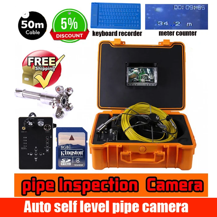 

50meter fiberglass cable drain sewer pipe inpsection camera 28mm self levelling auto balance camera meter counter keyboard dvr