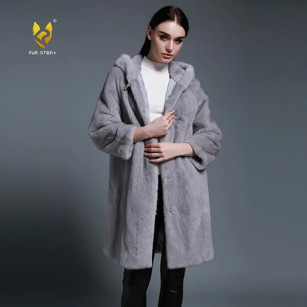 Женское пальто с капюшоном Fur Story FS161210 зимняя куртка из натурального меха норки |