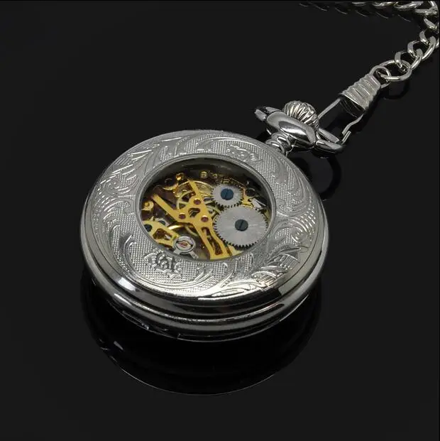

Vintage silver Hollow Roman numerals pattern luxury Good quality men Mechanical pocket watches gift
