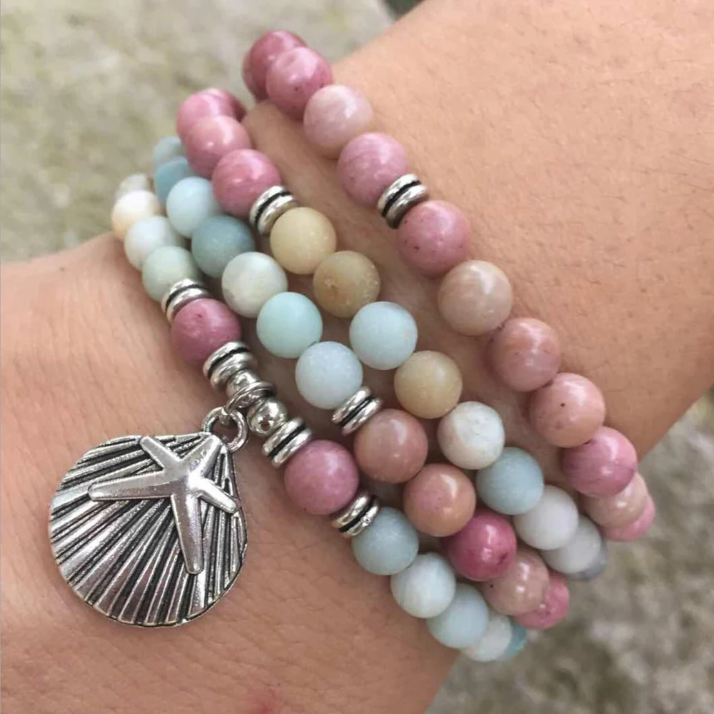 Women`s bracelet 6mm Sea shells Natural stone Amazonite beads Lotus OM Buddha Charm Yoga Bracelet 108mala necklace dropshipping | Украшения