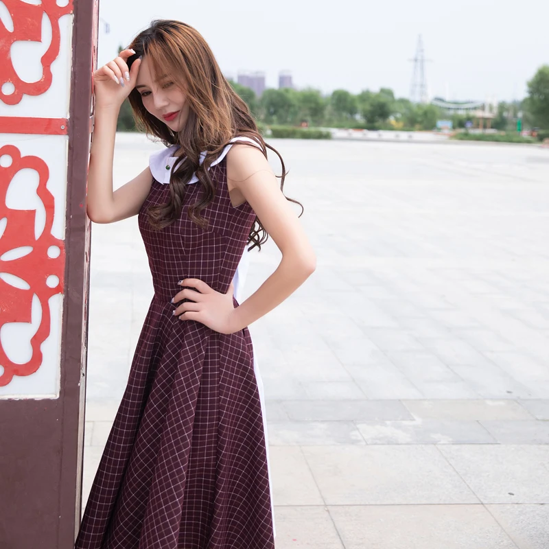 

Le Palais Vintage Elegant Plaid Dress Women Pin Up Hit Color Slash Neck Swing Midi Dress Vestidos De Festa