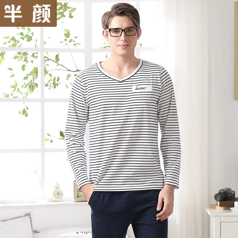 

New 100% cotton Men pajamas set spring and autumn men pajama O-neck long-sleeve sleepwear nightwear home clothing