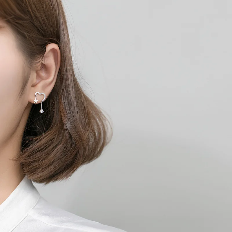 Женские серьги-гвоздики с сердечками и звездами из 100% стерлингового серебра 925