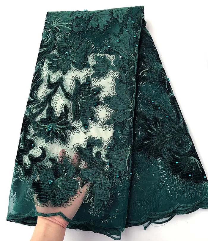 teal green Очень мягкая блестящая бархатная вышивка африканская французская Кружевная Ткань 5 ярдов нигерийский пошив одежды ткань с большим количеством маленьких блесток - Цвет: teal green