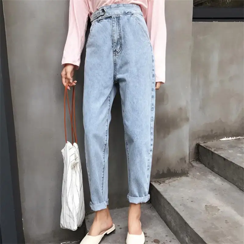 light blue new hot sale women's spring summer loose high waist jeans pants ladies ankle-length harern pants S-L - Color: light blue
