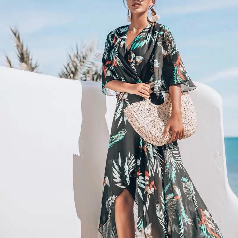 2019 длинное бикини с принтом Солнцезащитная одежда летнее женское шифоновое