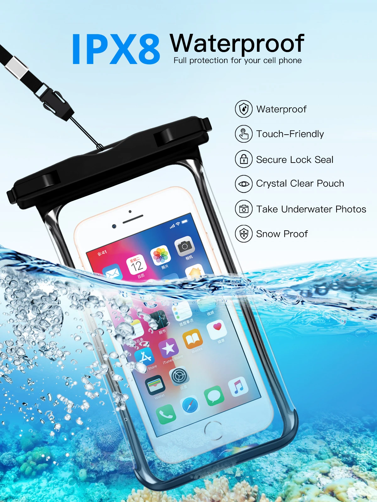 ANMONE Waterproof Smartphone Case Full View Underwater Pouch Transparent Dry Bags Swimming Diving Hiking Water Proof Covers
