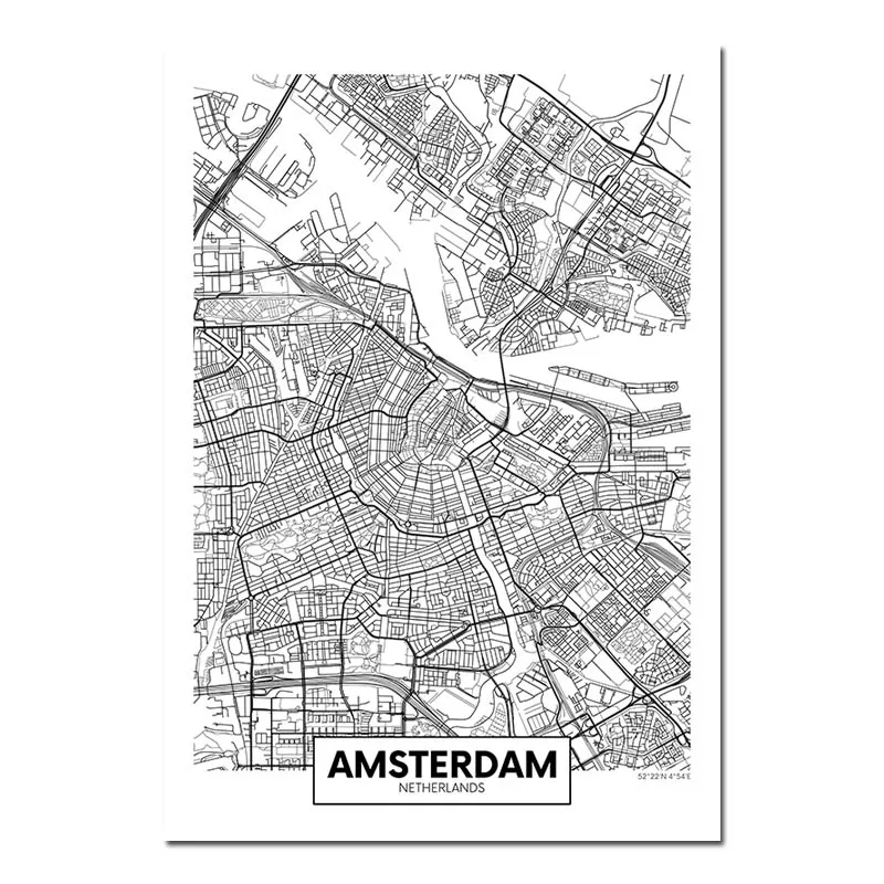Amsterdam Черный, белый, Роттердам, Лондон, Нью-Йорк, столица, город, карта, холст, плакат, настенное искусство, печать, живопись, скандинавские декоративные картины, Декор - Цвет: Amsterdam