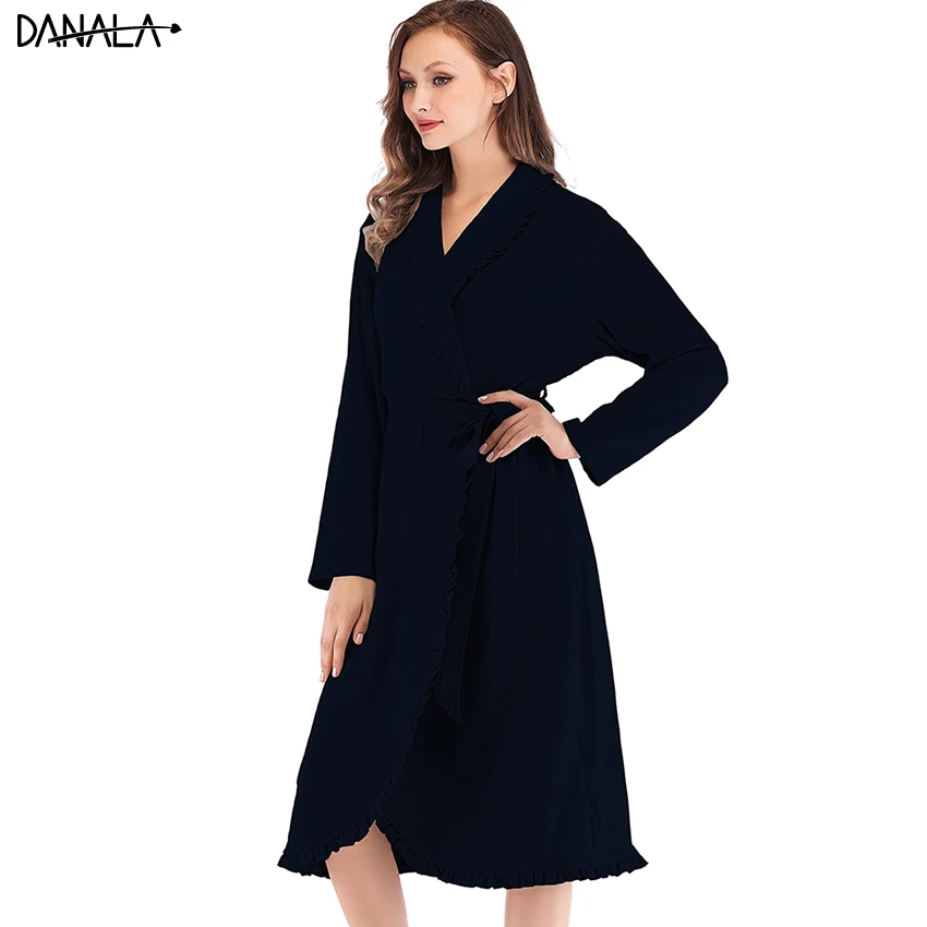 DANALA 100% Хлопковая женская одежда для сна банный халат осенний теплый длинный