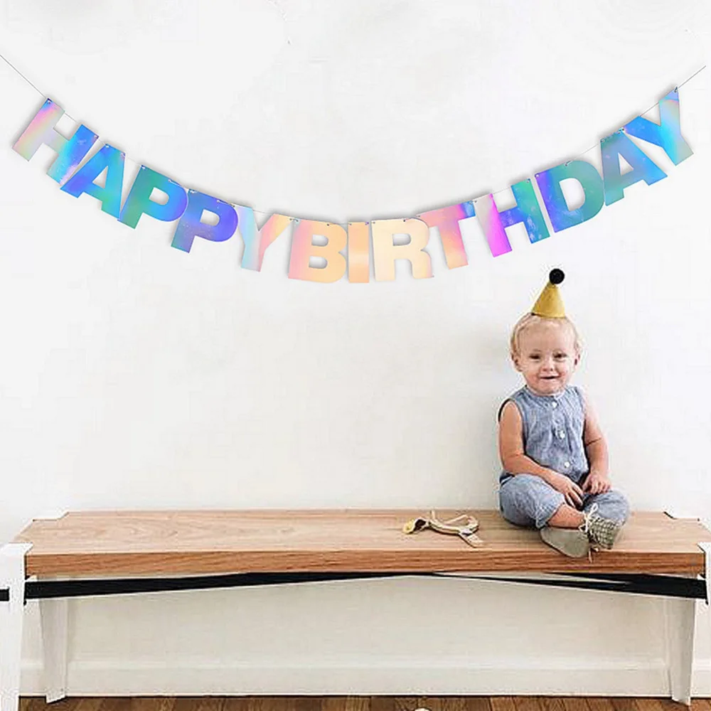 Holographic Film Happy Birthday Banner Rainbow Iridescent Film Alphabet Banner for Kids Birthday Unicorn Party 1st Birthday