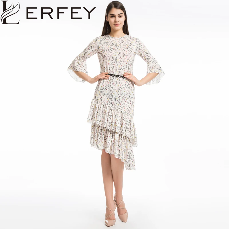 LERFEY Женщины Элегантный Boho Цветочный Печати Пляж Лето Dress Оборками Повседневная