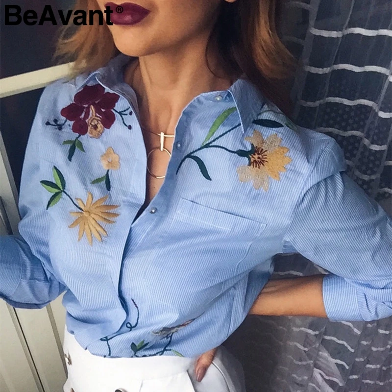 BeAvant Весенняя Повседневная полосатая блузка женская с цветочной вышивкой