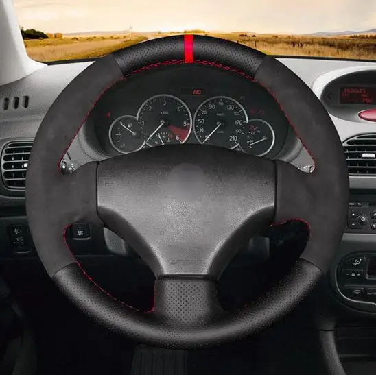Черный кожаный черный замшевый автомобильный чехол на руль для peugeot 206 1998 2005 SW 2003 CC