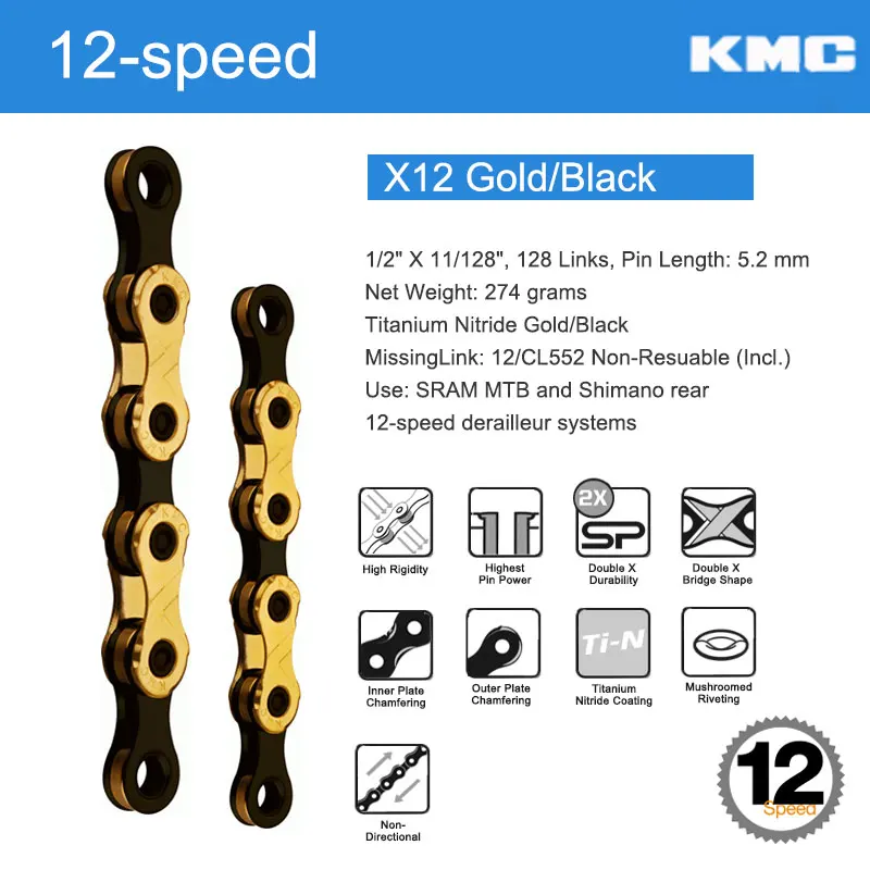 X12GDBK Extra 1 Link KMC велосипед 12 скоростной цепи с оригинальными разъемами MissingLinks X12 серии X мост опционально серебряный золотой черный - Цвет: X12GDBK Extra 1 Link