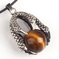100 unique 1 pcs silver plated dragon claw natural tiger eye stone round bead pendant vintage jewelry
