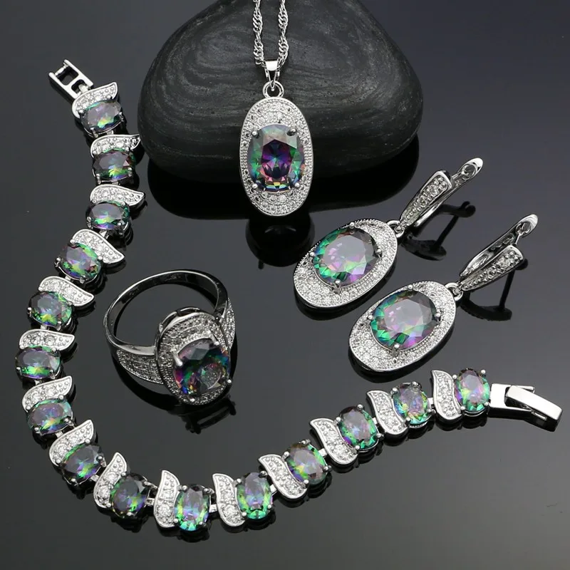 

925 Silver Jewelry Sets For Women Rainbow Cubic Zirconia Earrings Pendant Ring Bracelet Necklace Sets Silver Set Women Jewelry