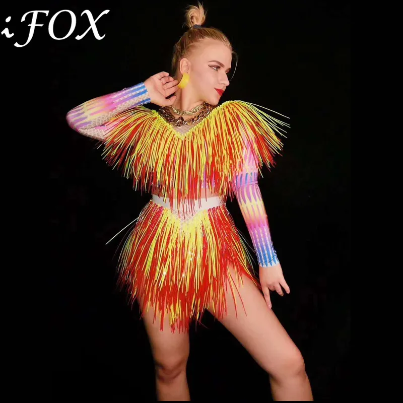 

Colorful Sexy One Piece Tassels Jazz Dance Costume Women Singer Dancer Stage Wear Outfit Nightclub Show Birthday Party Bodysuit