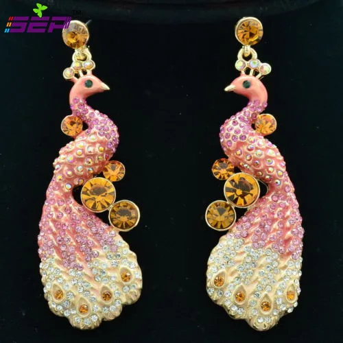 2015 Fashion Women Dangle Earring Vogue Pink Rhinestone Crystals Animal Peafowl Peacock Pierced Free Shipping FA3185 | Украшения и