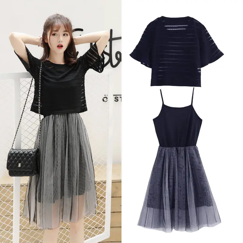 Короткое женское летнее платье, vestidos Mujer, Сетчатое, новинка, ТРАПЕЦИЕВИДНОЕ мини платье, женское элегантное платье, рубашка+ слинг, комплект из двух предметов, модный, ZS8