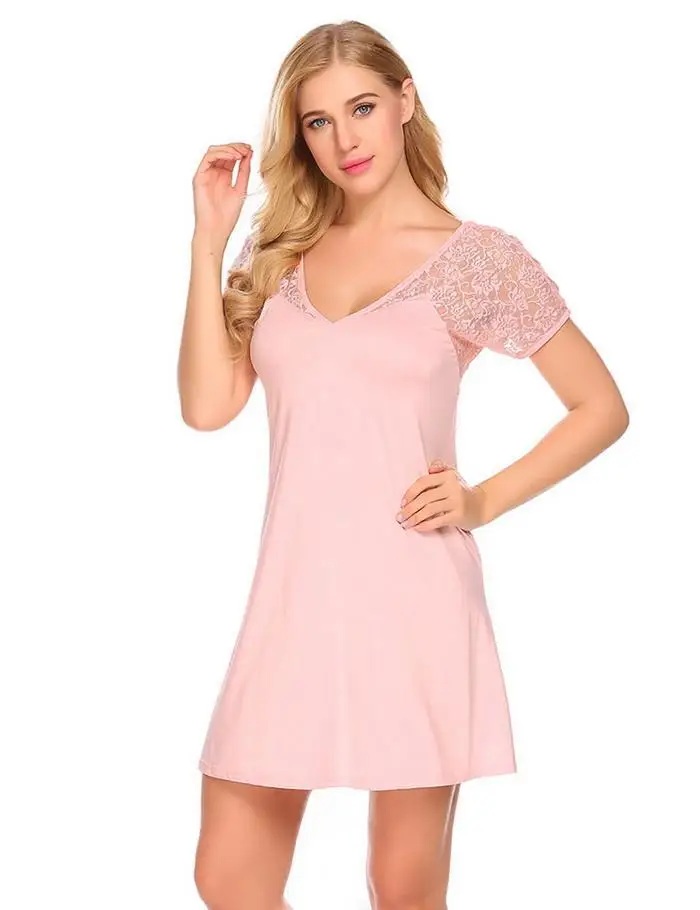 Ekouaer Night Dress Sleepwear Women Deep V Neck Short Sleeve Mesh Patchwork Backless Cross Sleep Dress Nightgown Sleepshirts