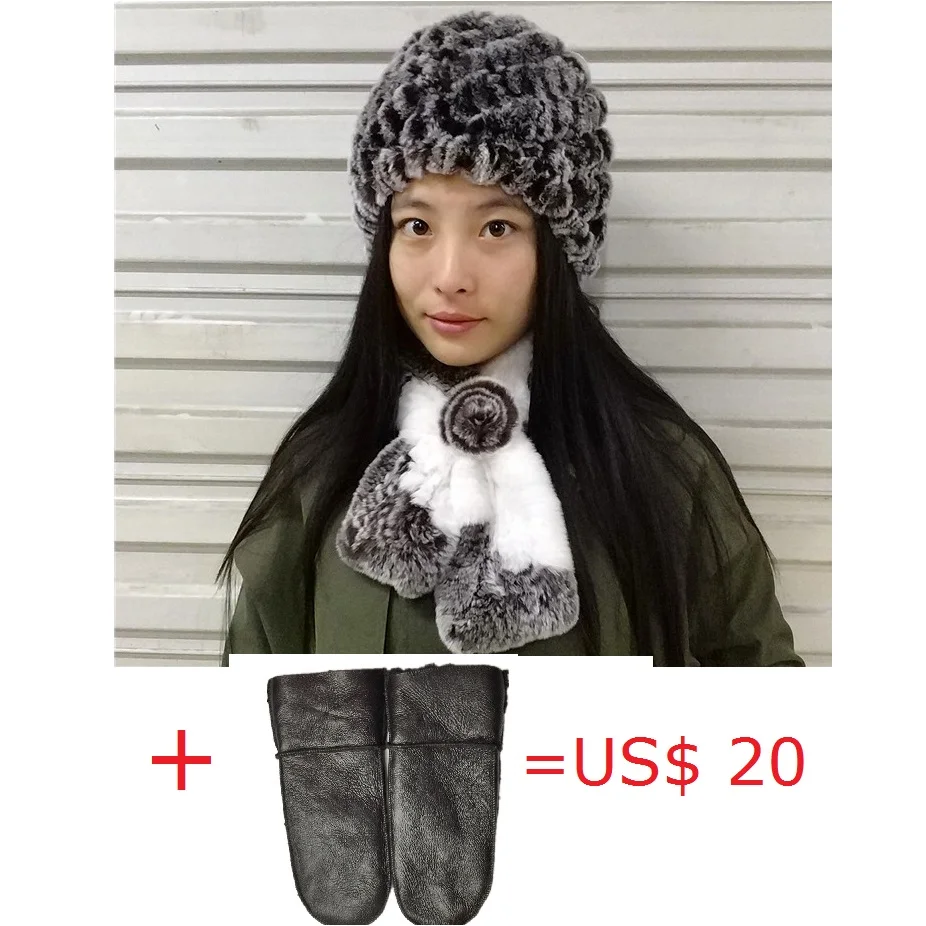 

women winter warm set of real rex rabbit fur hat with floral scarf genuine sheepskin leather with fur mitten warm ladies H159