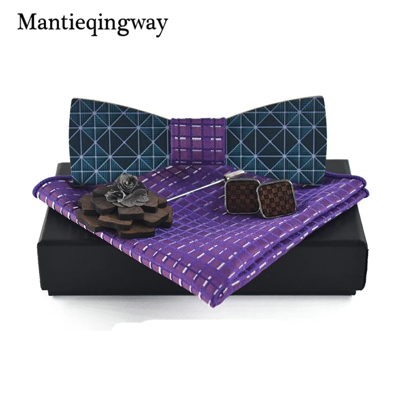 Mantieqingway Wooden Bow Tie Set for Mens Wedding Wood Bowties Brooch Handkerchief Cufflinks Gravatas Slim Polyester Ties | Аксессуары