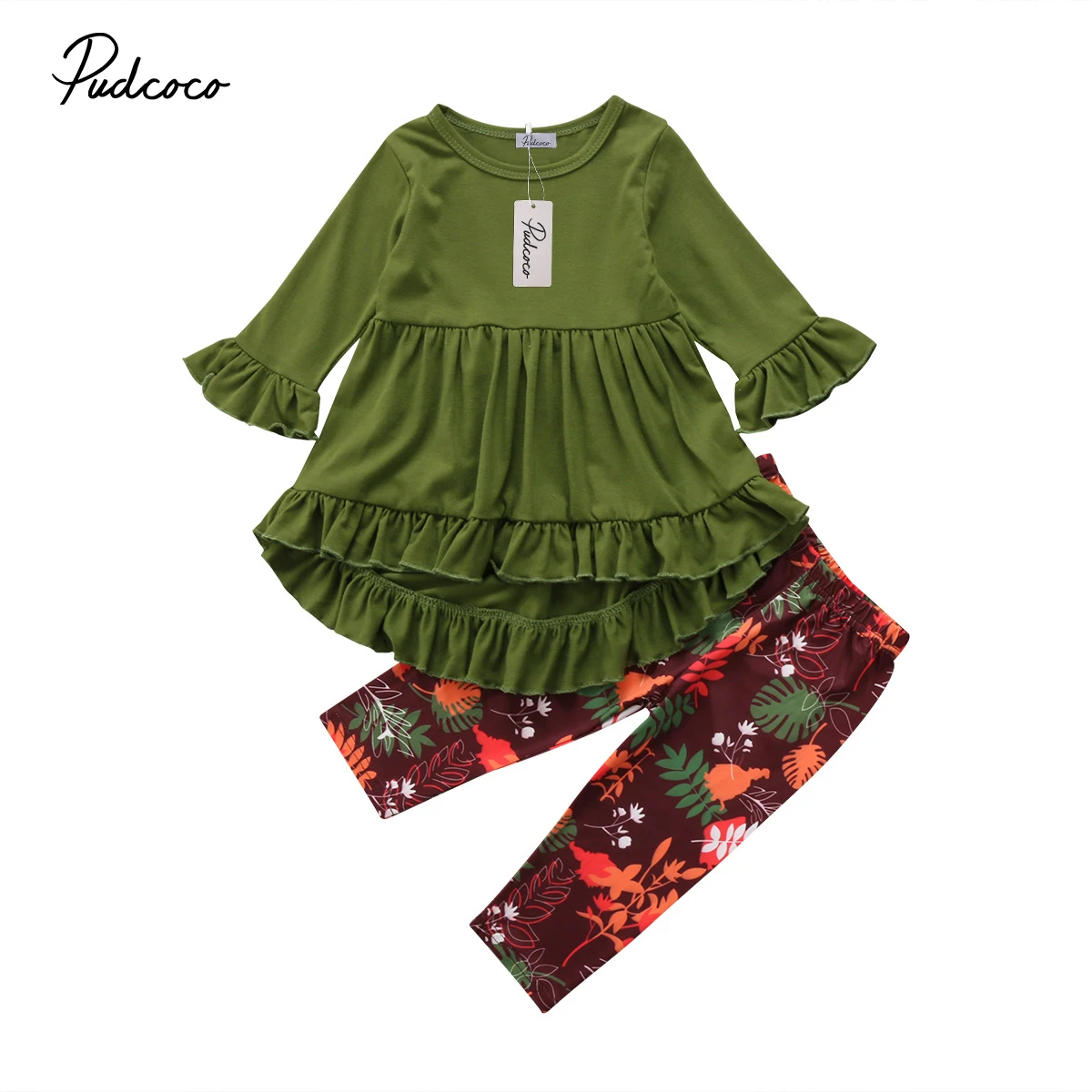 PUDCOCO Newest Hot Boutique Toddler Kids Girls Green Dress Tops+ Floral Pants Leggings Outfits Casual Pop Clothes Set 2-7Y | Детская