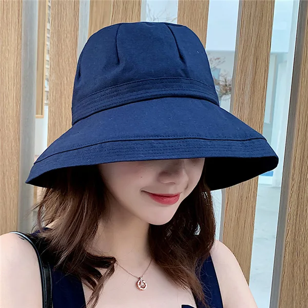 navy blue Новые французские тканевые рыбацкие шляпы с широкими полями, летние женские шляпы для путешествий на открытом воздухе, складная одноцветная шляпа с защитой от уф, Пляжная Шляпа - Цвет: navy blue