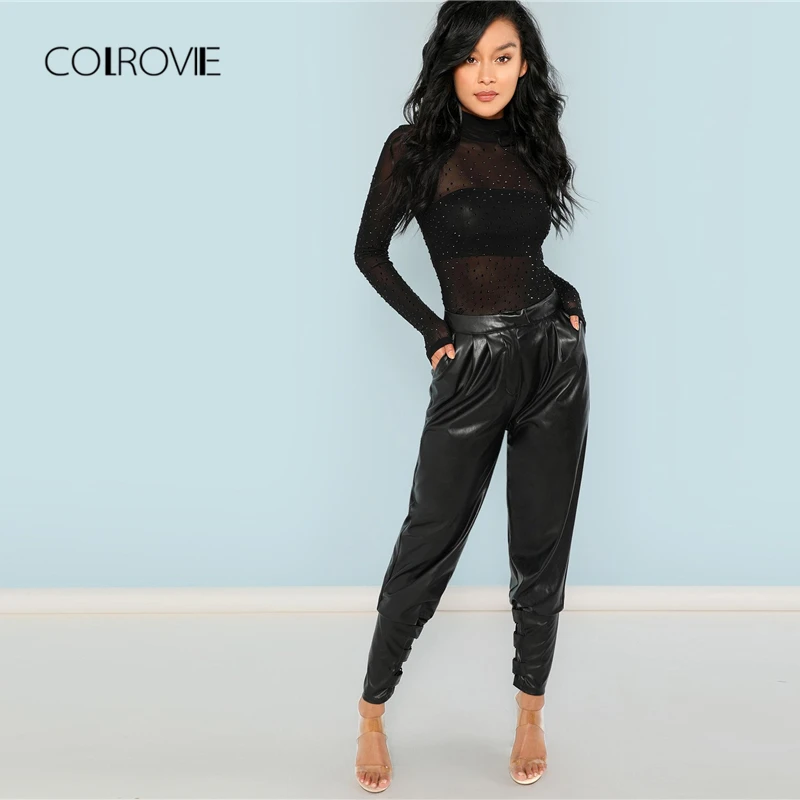 COLROVIE, черный, сетчатый, высокий ворот, элегантный женский боди, для женщин, осень, длинный рукав, сексуальные, стразы, для клуба, обтягивающие, для девушек, боди