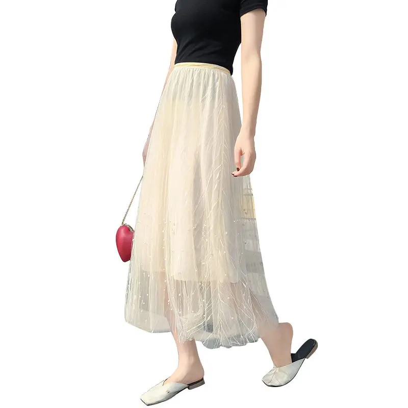 Fashion New Women Summer Tulle Long Skirt High Waist Apricot Chiffon Loose Casual Beading Lace Mesh Pleated Skirts Womens | Женская
