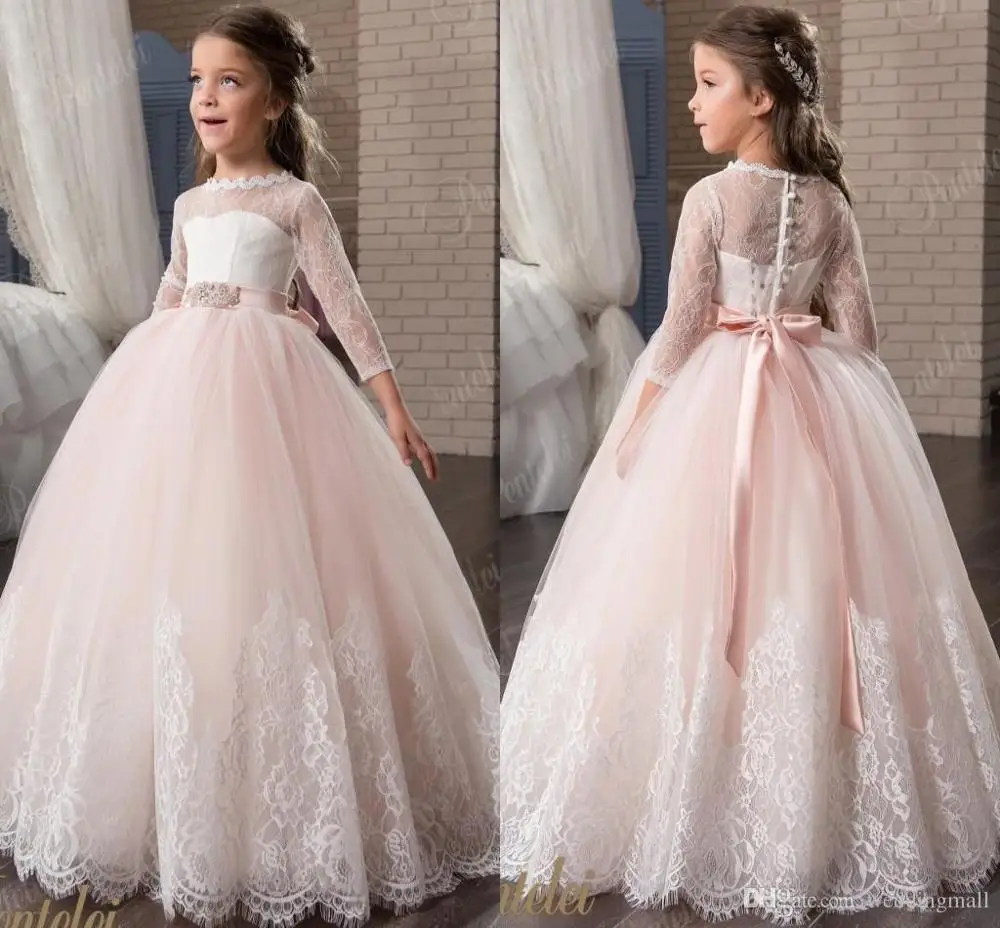 Vintage Flower Girl Dresses White Satin Pink Puffy Toddler Ball Gown Communion Frock Design Abiti Da Comunione Vestido | Свадьбы и