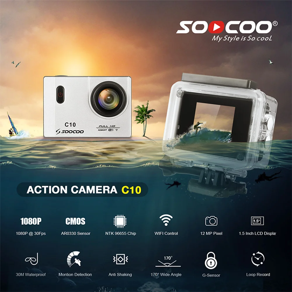 ES местная доставка: Экшн камера SOOCOO C10 Full HD 1080 P/30fps WiFi 1 5 дюйма LCD 170D спортивная