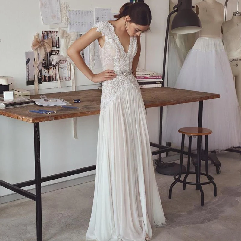 Vestido de Noiva V образным вырезом цвета слоновой кости свадебное платье в стиле бохо с бисерной вышивкой и кружевами, свадебное платье Vestido De Noiva