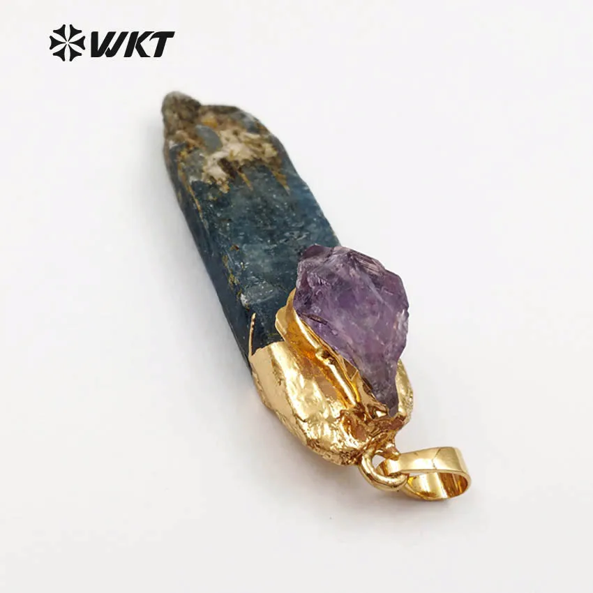 WT-P1392 wkt опт ювелирные изделия из натурального камня Синий Кианит с фиолетовый камень с покрытием Длинные Прямоугольная форма кулон дизайн