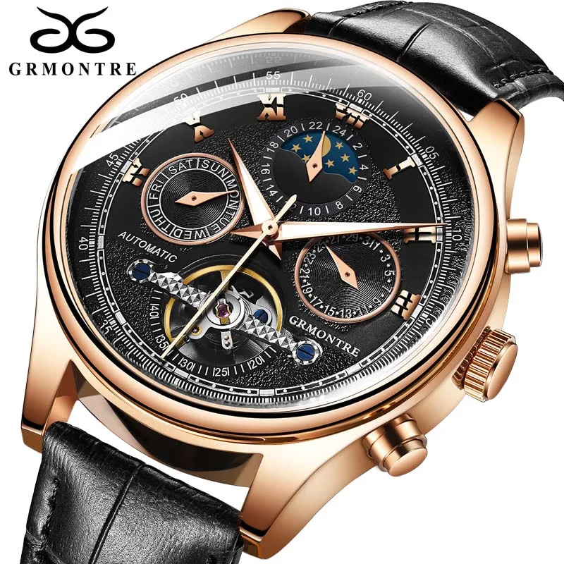 Rose gold Black Moon Phase Топ бренд для мужчин s механические часы автоматический Турбийон Скелет часы для мужчин календарь Relogio Masculino Прямая поставка GRMONTR - Цвет: Rose gold Black
