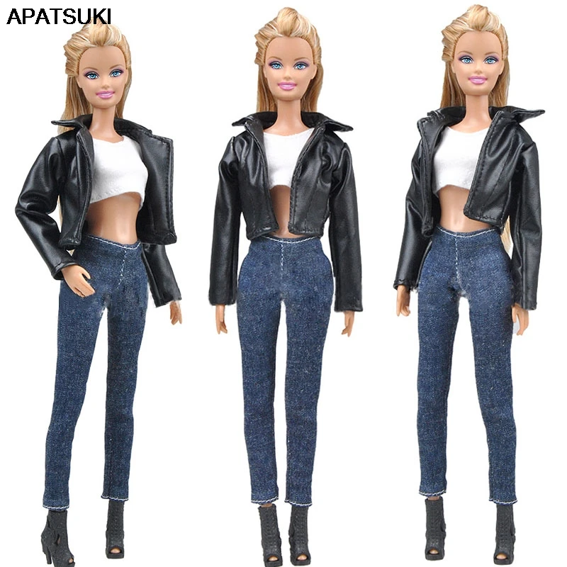 

1 Set Leather Coat Outfits For Barbie Doll Fashion Coat Jeans Pants Short Top Handmade Clothes For Barbie Dollhouse Accessories