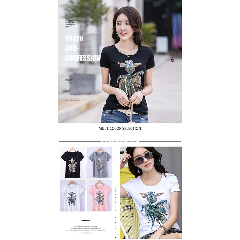 Женская футболка с короткими рукавами рубашка большого размера блестками и