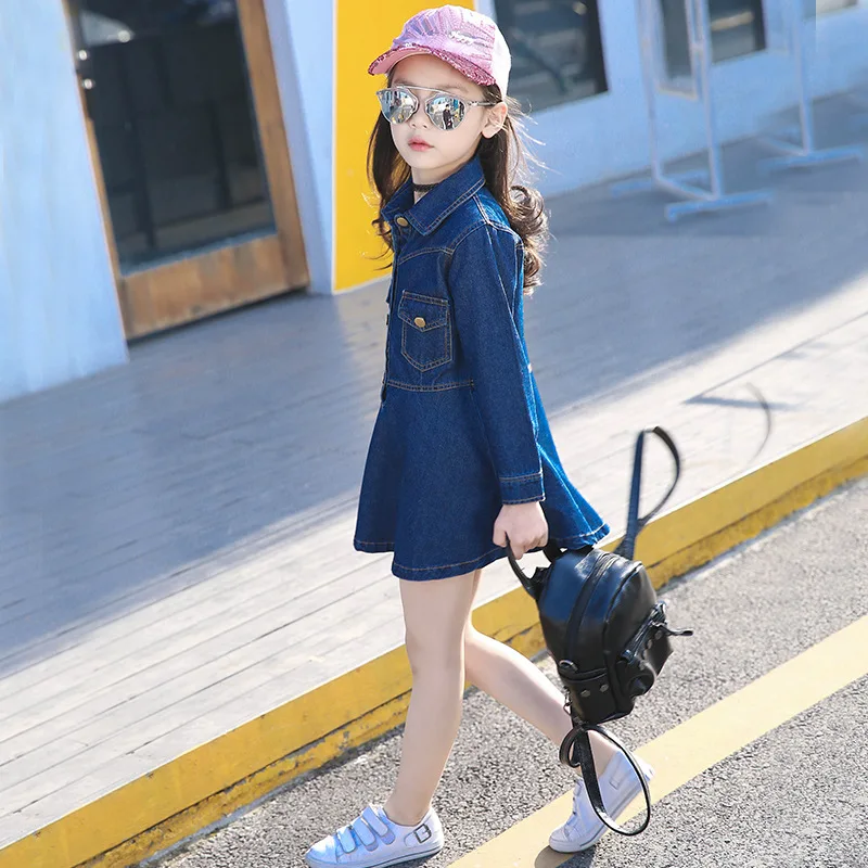 Платья для девочек новинка весны 2019 детская одежда модное однобортное джинсовое