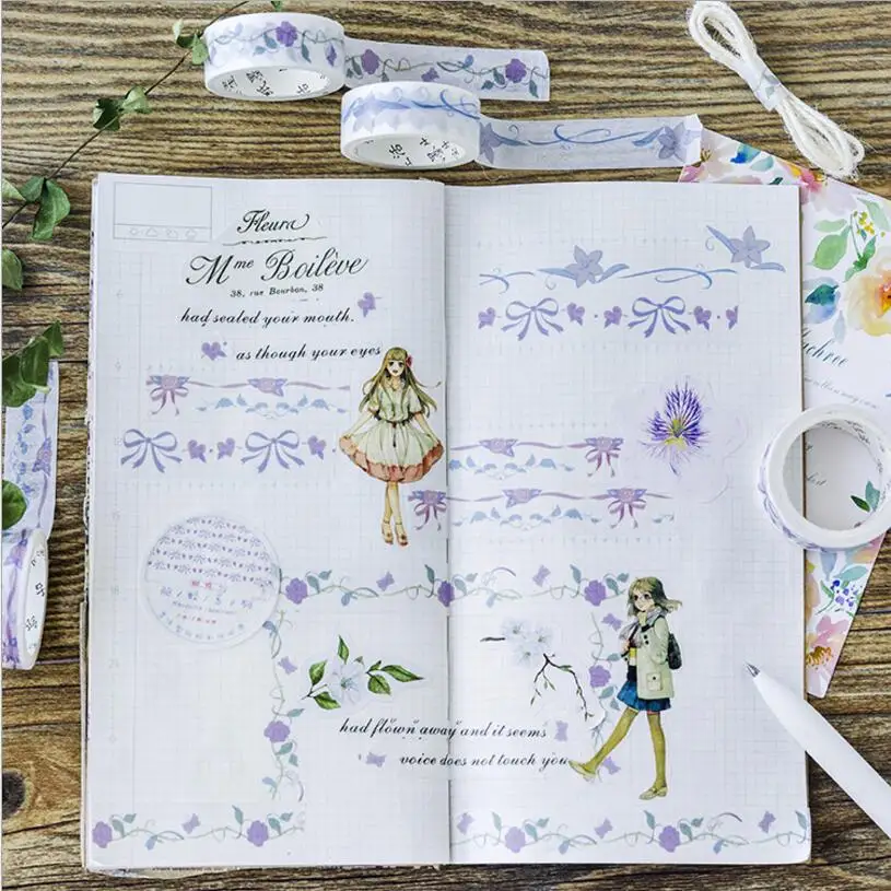 Свежий растительный бумажный набор декоративного скотча Васи 15 мм * 7 м украшение