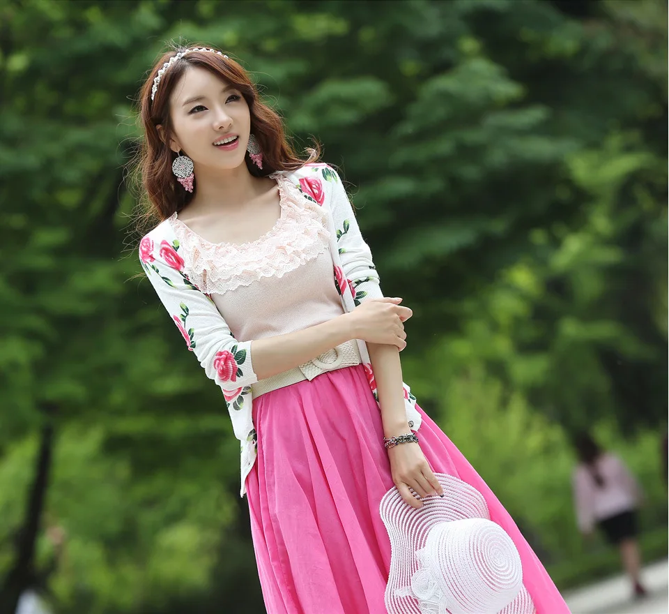 2015 Новое Лето Мода Стиль Женщины Роуз Цветочные Печати Три Четверти Рукав