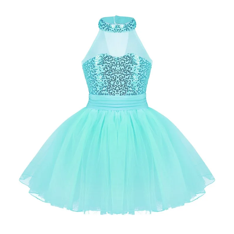 Lake Blue Kids Girls Mock Neck Ballet Dance Dress Gymnastic Leotard Shiny Sequins Sleeveless Mesh Splice Ballet Leotard Flower Girls Dress - Цвет: Lake Blue