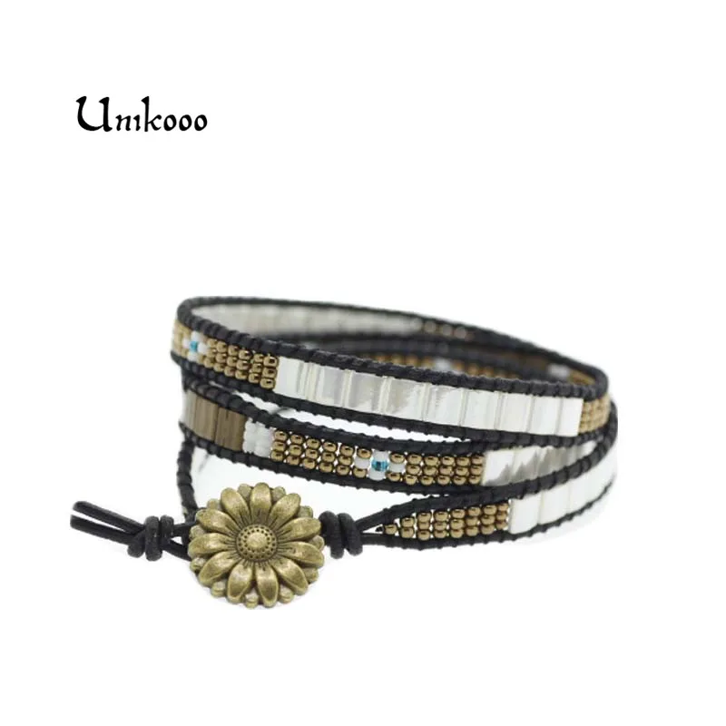 

Gold color Seed Beads Boho Bracelet Women's Leather Wrap Bracelet Beaded Simple White Bracelet Birthday Gift Dropshipping