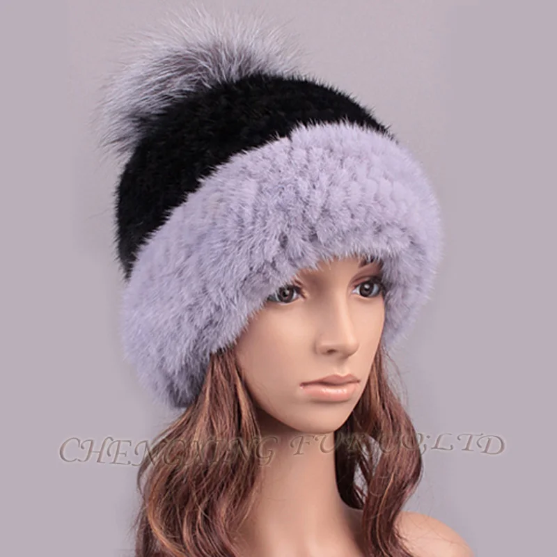 Женская модная шапка из натурального меха норки с помпоном лисьего меха|fashion hat|hat