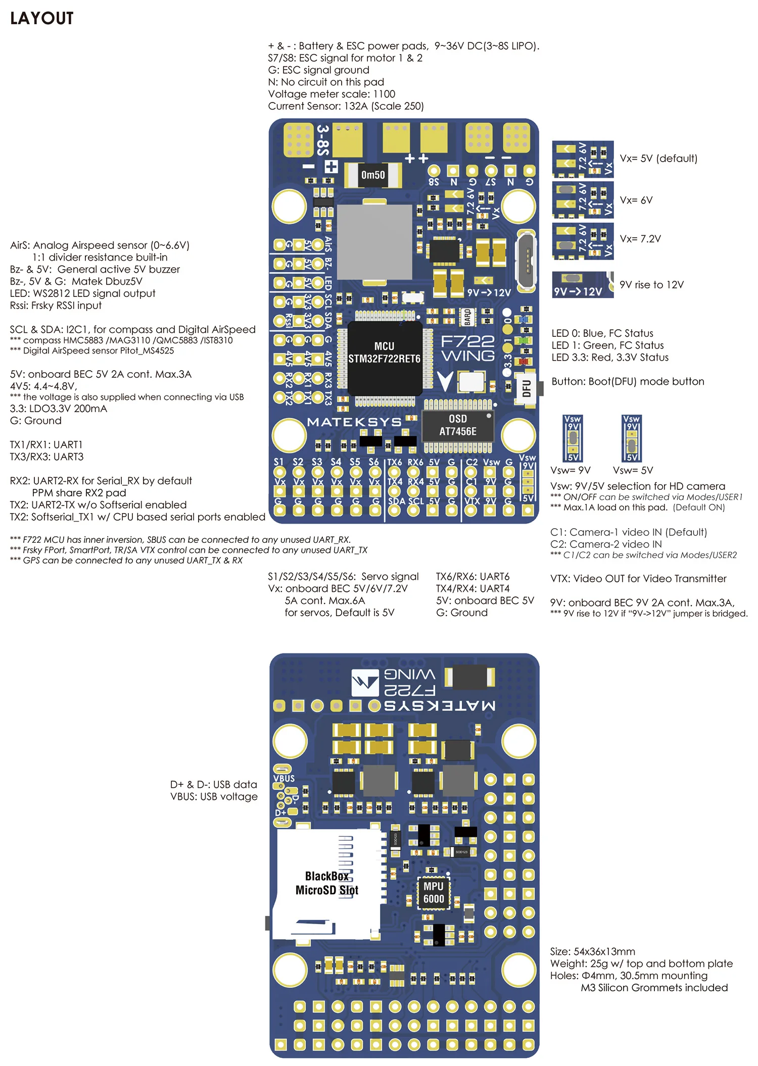 matek Systems F722 крыло игровые джойстики STM32F722RET6 3~ 6S игровые джойстики со встроенным серверный компьютером с экранным меню для Fly крыло с неподвижным крылом «сделай сам»
