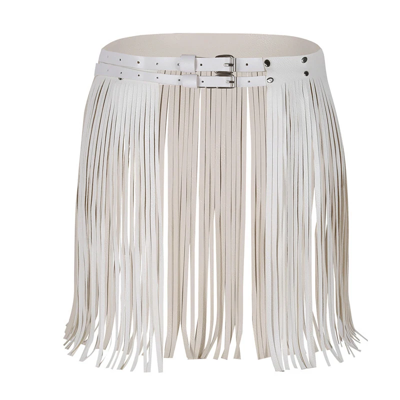 

Goth Faux Leather Long Tassels Mini Skirts Women Sexy Short Solid Skirt With Adjustable Waist Night Club Party Skirts 2 Colors