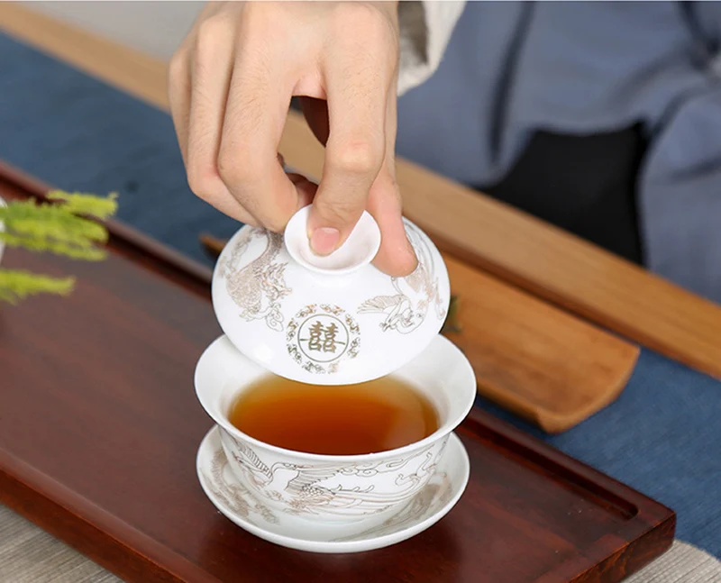 Изысканный чайный сервиз Gaiwan с изображением китайских цветов и птиц фарфоровый